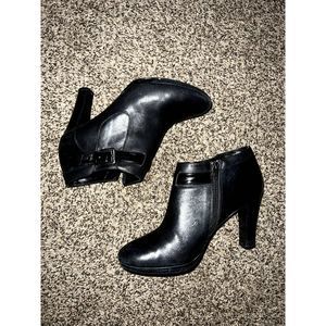 Ralph Lauren Maleah Black Leather Stacked Heel Bootie Silver Tone Buckle. Zip